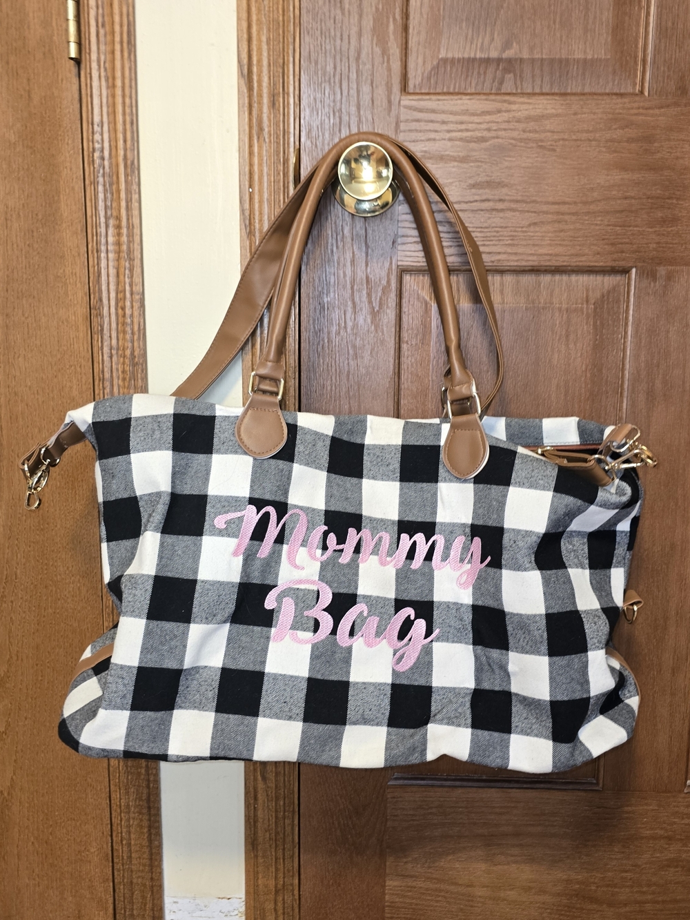 Mommy Overnight Hospital Bag Flannel Buffalo Check Tote Embroidered Script -GUC